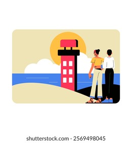 Couple Overlooking Lighthouse And Ocean At Sunset In Flat Vector Illustration Symbolizing Romance, Travel, And Scenic Views, Isolated On White Background.