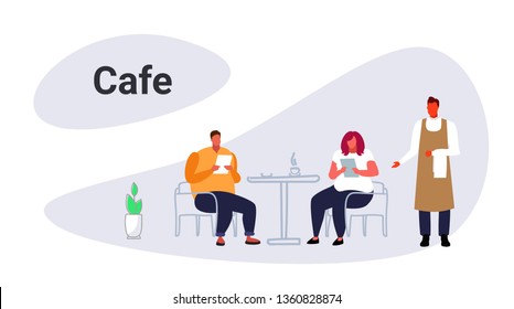 Couple Overweight Visitors Sitting At Restaurant Fat Man Woman Giving Order To Male Waiter Hospitality And Service Concept Modern Cafe Interior Sketch Doodle Horizontal