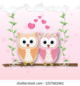 Couple Owl and heart and roses ivy illustration, paper art, paper cut style