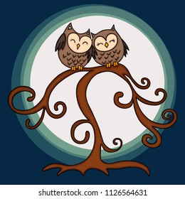 Couple of owl in tree on night background
