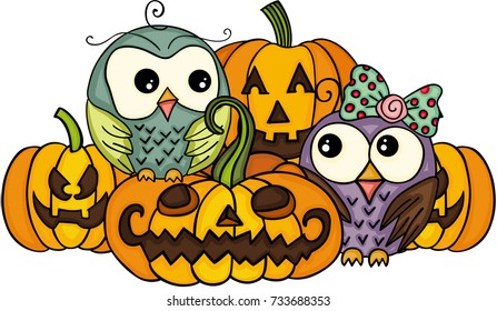 Couple owls and Halloween pumpkins