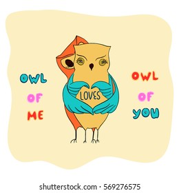 a couple of owls hug and show heart inscription owl of me loves owl of you