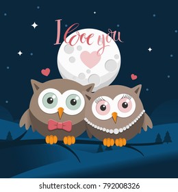 Couple of owls in love at night with message
