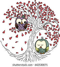 Couple owls in the love tree
