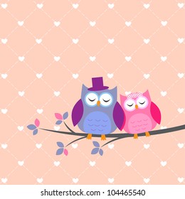 Couple owls in love.Vector wedding card