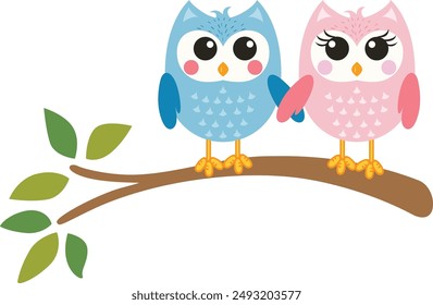 Couple of owls on branch tree with leaves