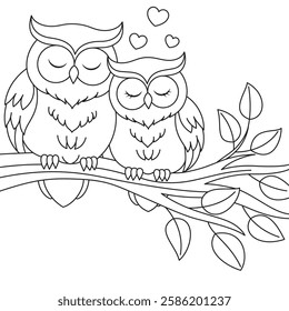 A couple of owls on the branch, Valentine's Day coloring page for kids 