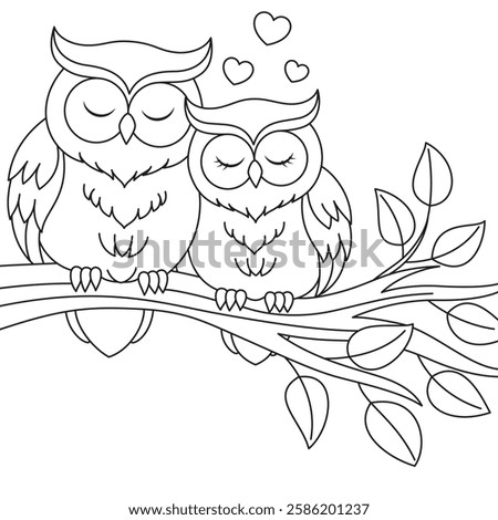 A couple of owls on the branch, Valentine's Day coloring page for kids 