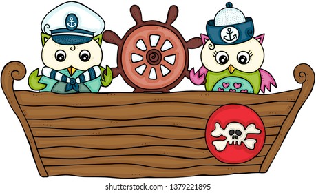 Couple owls on little wooden boat holding a ship wheel