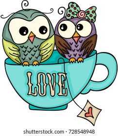 Couple owls on top of love tea cup