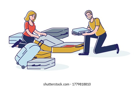 Couple Packing Clothes In Suitcases For Vacation Travel. Young Man And Woman Pack Trip Luggage, Essential Items And Clothing In Bags. Cartoon Couple Package. Linear Vector Illustration