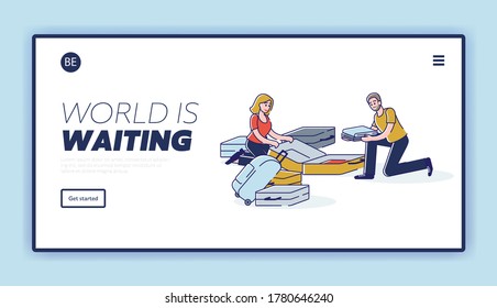 Couple packing clothes in suitcases for vacation travel. Holiday preparation concept for landing page with young man and woman pack trip luggage in bags. Linear vector illustration