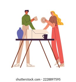 Couple packing home stuff into cardboard. Family, husband and wife, leaving house, preparing box package for move, relocation together. Flat vector illustration isolated on white background