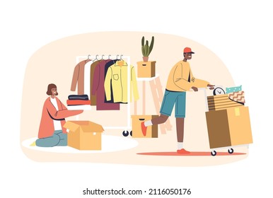 Couple packing and loading cardboard boxes preparing for relocation to new house or apartment. Male loader carrying boxes to shipment car. Transportation service concept. Cartoon vector illustration