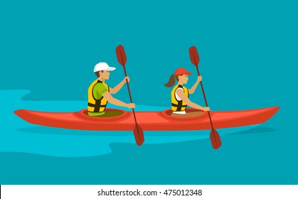 Couple Paddling in double Kayak on water . Man and Woman kayaking vector illustration