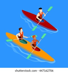 Couple Paddling in Kayak. Isolated Isometric vector