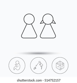 Couple, paediatrics and dice icons. Under supervision linear sign. Linear icons in circle buttons. Flat web symbols. Vector