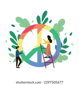 Couple painting a peace symbol with lgbt pride flag colors Vector