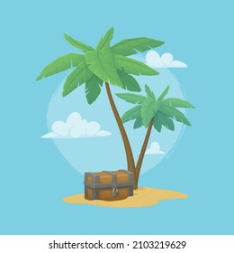 A couple of palm trees and an old wooden chest on a tiny island in the ocean. Blue sky with clouds in the background. Pirate treasure, reward, danger, exploration. Cartoon style illustration. Vector.