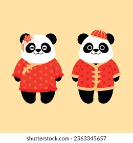 Couple Panda Cartoon wearing Chinese Dress Cartoon illustration