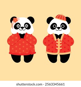 Couple Panda Cartoon wearing Chinese Dress Greeting illustration