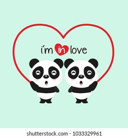 Couple panda character in love with heart and lettering calligraphy text.