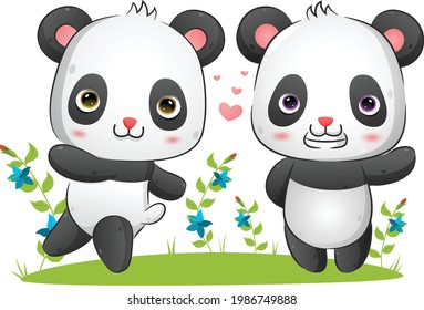 El par de pandas está corriendo y jugando en el parque juntos de la ilustración