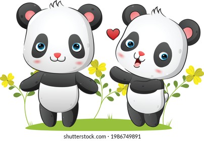 The couple of panda is trying to catch the love and standing together in the park of the illustration