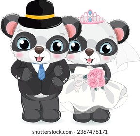 Couple Panda with wedding clothes, just married