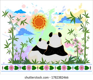 A couple of pandas are having a rest on a bamboo background. Panda mom with baby surrounded by sun and clouds.