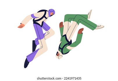 Couple with parachute backpacks during extreme skydiving free fall. Active man and woman flies down, jumpers skydivers floating in air. Flat graphic vector illustration isolated on white background