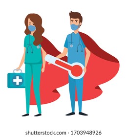 couple paramedics with face mask and hero cloak vector illustration design