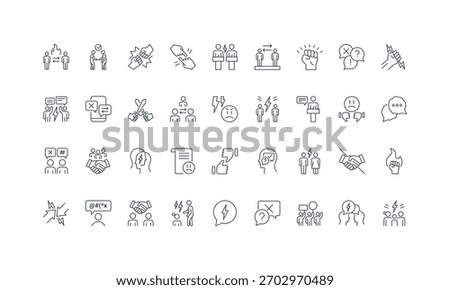 Couple and parent with child, online chat conflict, anger thin black and red outline symbols vector illustration Conflict of interests and competition, mediation, misunderstanding line icon set.