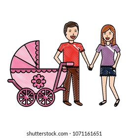 couple parents with baby cart