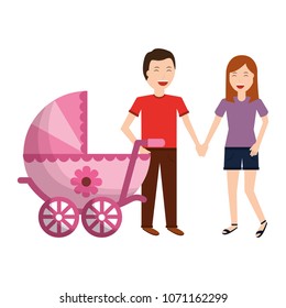 couple parents with baby cart