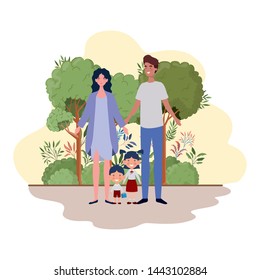 couple of parents with children in landscape