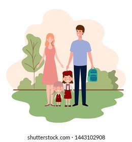 couple of parents with children in landscape