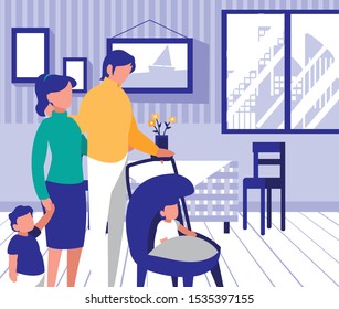 couple of parents and children in living room vector illustration design
