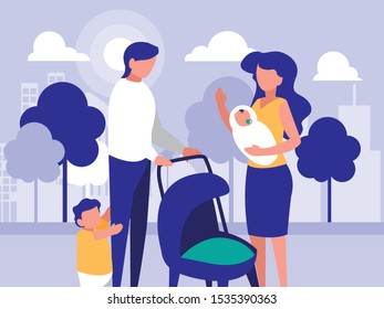 couple of parents and children in park in the city, scene of people outdoor vector illustration design