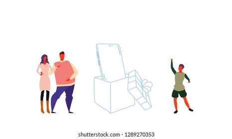 couple parents with happy son opening gift box new smartphone device holiday surprise concept family having fun full length cartoon characters sketch doodle horizontal