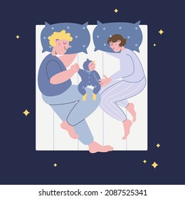 The couple of parents are sharing the bed with their newborn child. Co-sleeping.
