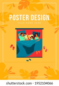 Couple of parents and two children sleeping in double bed. Mom and dad hugging cute asleep kids. Vector illustration for love, family weekend, taking nap concept