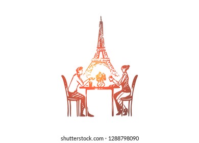 Couple, Paris, love, romance, feelings concept. Hand drawn couple in love sits in cafe concept sketch. Isolated vector illustration.