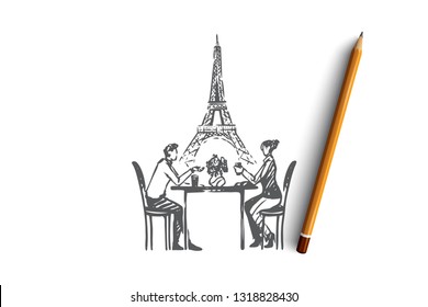 Couple, Paris, love, romance, feelings concept. Hand drawn couple in love sits in cafe concept sketch. Isolated vector illustration.