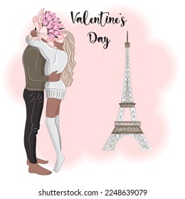 Pareja en París cerca de la Torre Eiffel, ilustración vectorial del Día de San Valentín