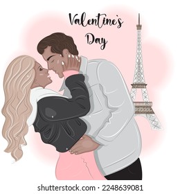 Couple in Paris near the Eiffel Tower, Valentine's Day vector illustration