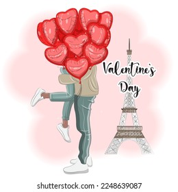 Couple in Paris near the Eiffel Tower, Valentine's Day vector illustration