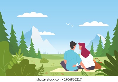 Couple in park. Happy man and woman in love on picnic, people back view romantic weekend in nature, beautiful summer landscape, forest and mountains. Love and relationships vector flat cartoon concept