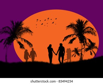 Couple in a park at tropical sunset. Vector illustration