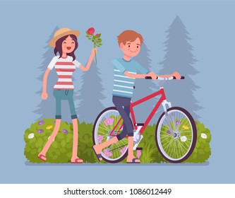Couple in park. Two people in close loving relationship at date outdoor, enjoy good weather and open air activities in green summer park, have a good time. Vector flat style cartoon illustration